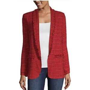 Worthington Women’s Red Open Front Tweed Fringe Textured Light Size Medium